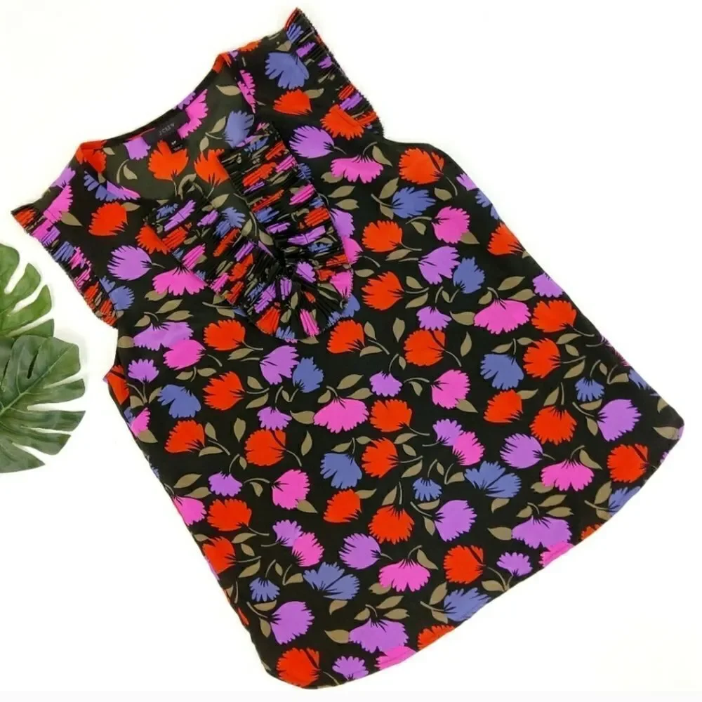 J.Crew Silk Floral Print Ruffle Blouse sz 2